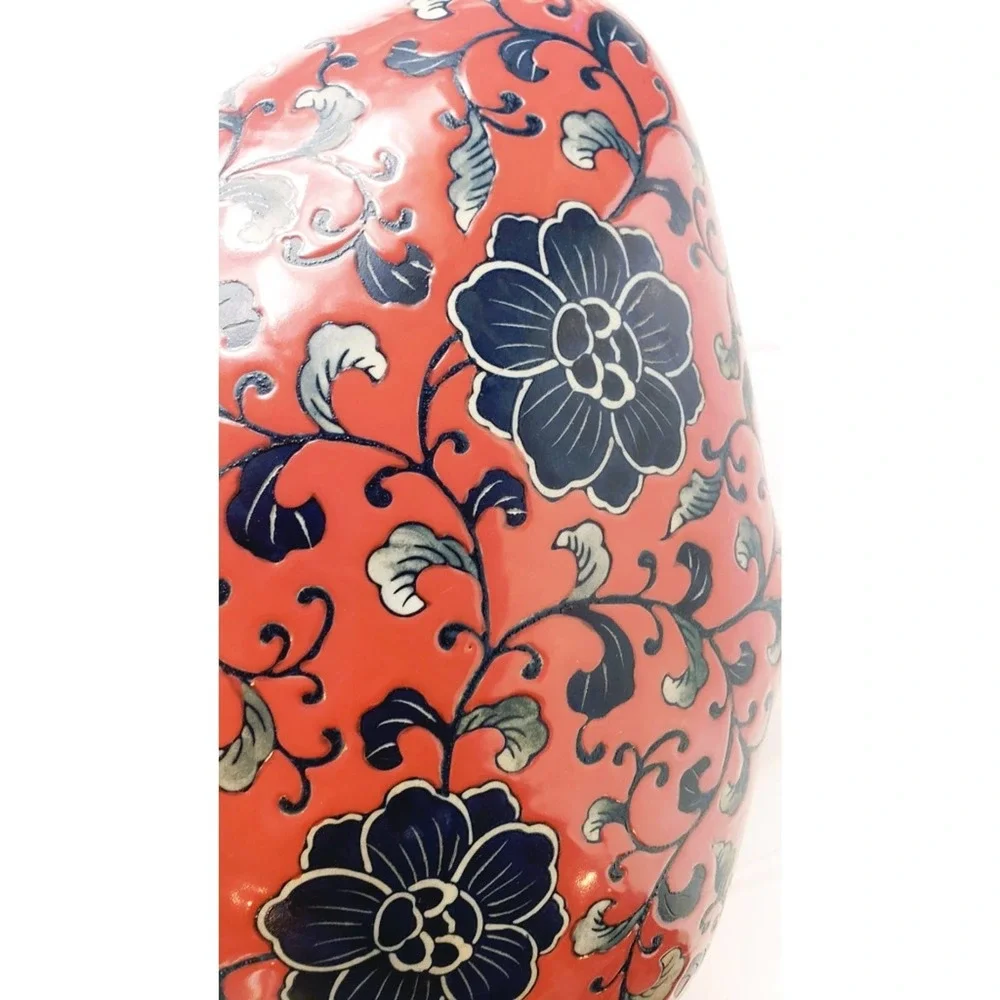 VINTAGE Lopsided Navy,  Gray & Red Floral Abstract Slim Ceramic Vase
